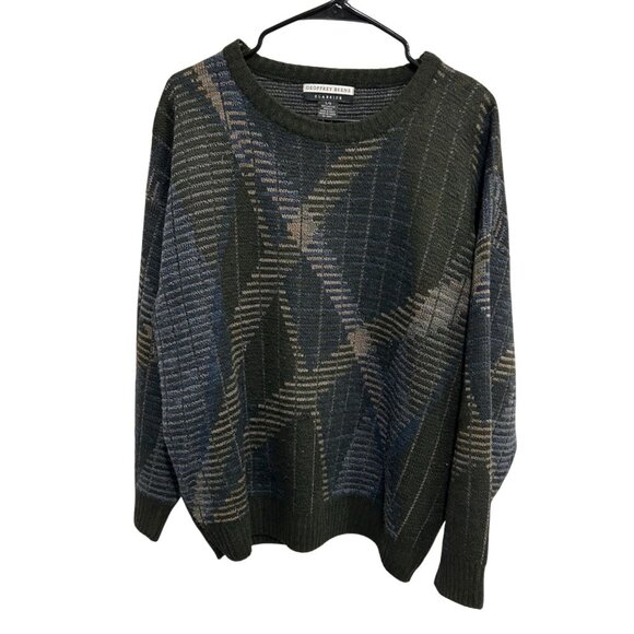 Geoffrey Beene Classics 90s Green Blue Beige Geometric Pattern Sweater Sz L - Picture 1 of 9